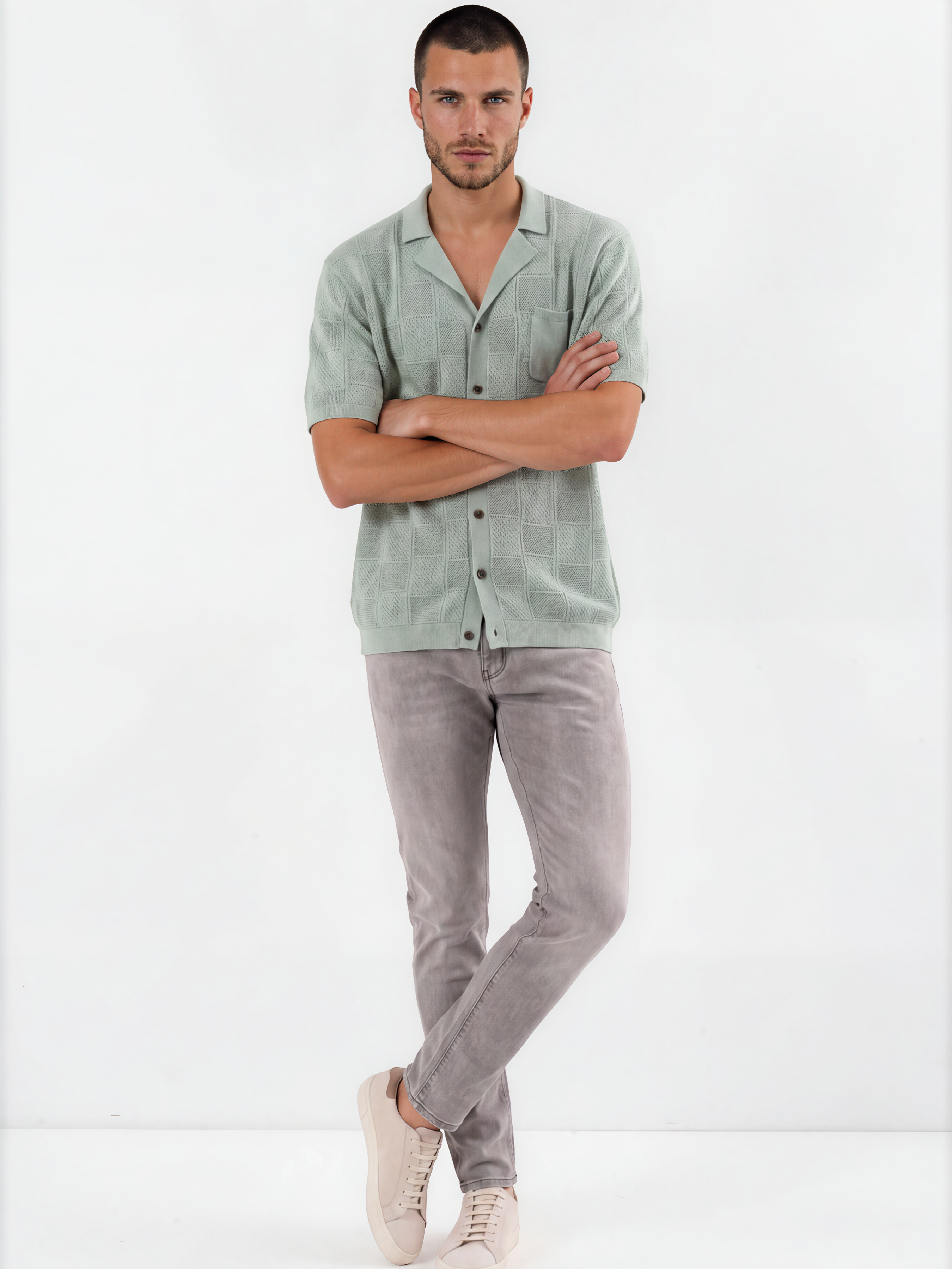 Sage Green Knitted Button-Front Shirt