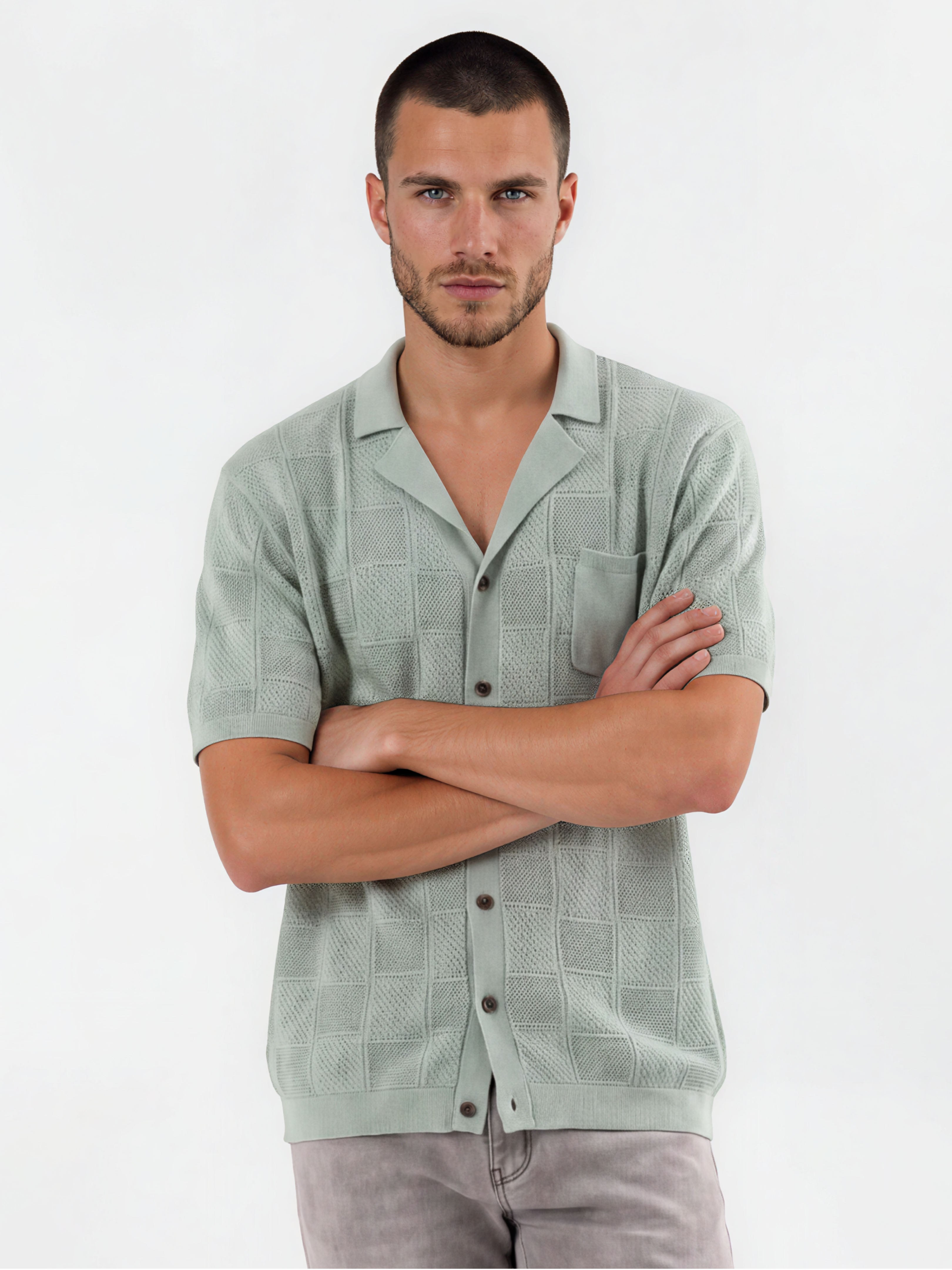 Sage Green Knitted Button-Front Shirt