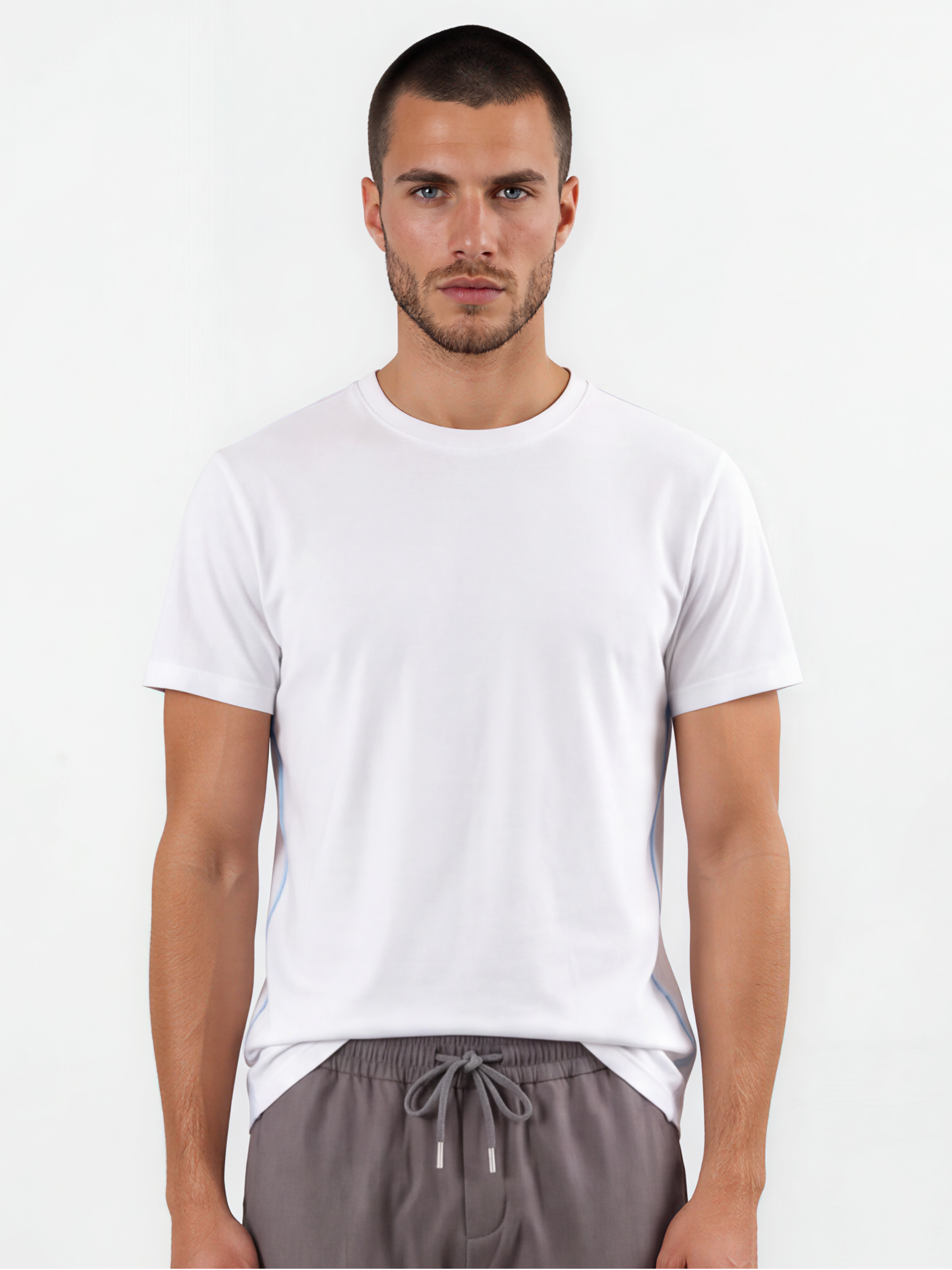 Off White with Contrast Blue Topstitching Standard Tee